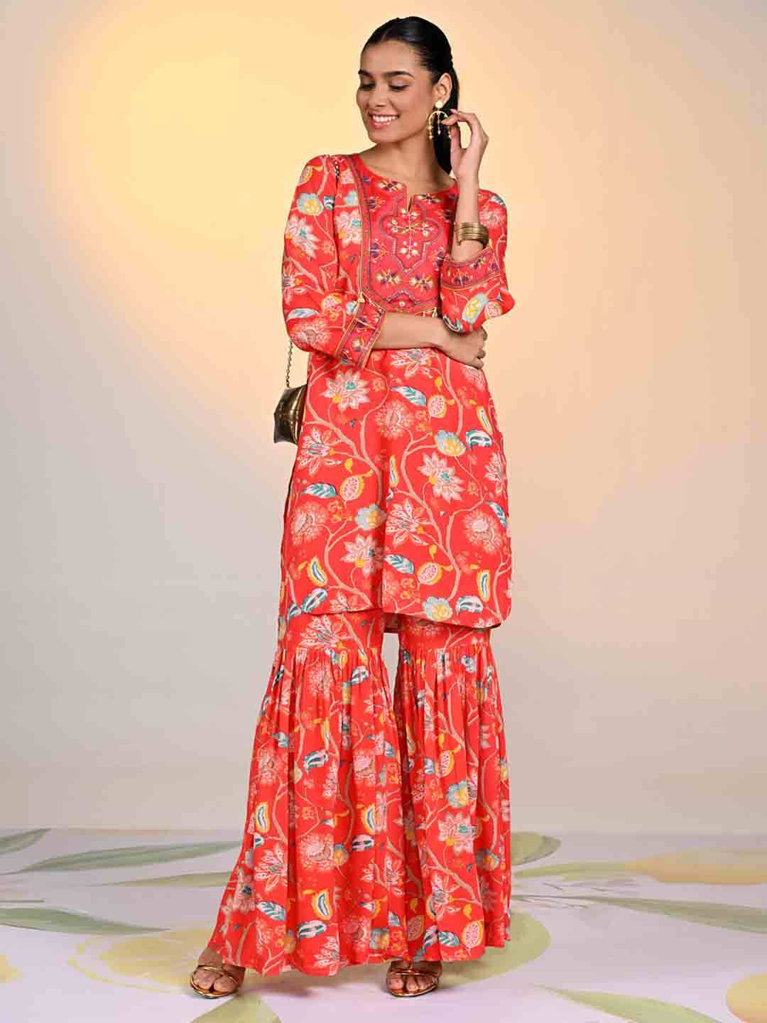 

Lakshita Floral Embroidered Regular Kurta with Sharara, Orange