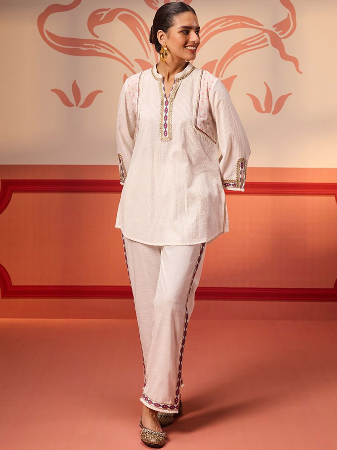 

Lakshita Mandarin Collar Embroidered Co Ords, White