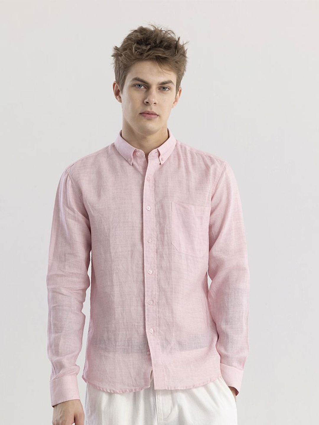 

Snitch Pink Straight Slim Fit Button Down Collar Pure Linen Casual Shirt