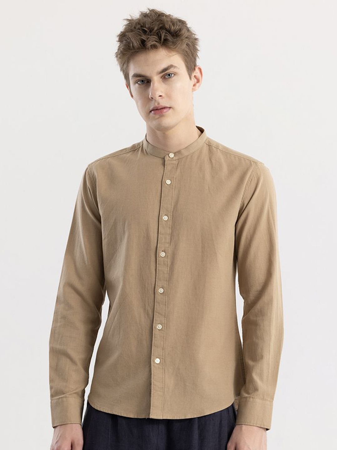 

Snitch Khaki Straight Slim Fit Mandarin Collar Linen Cotton Casual Shirt