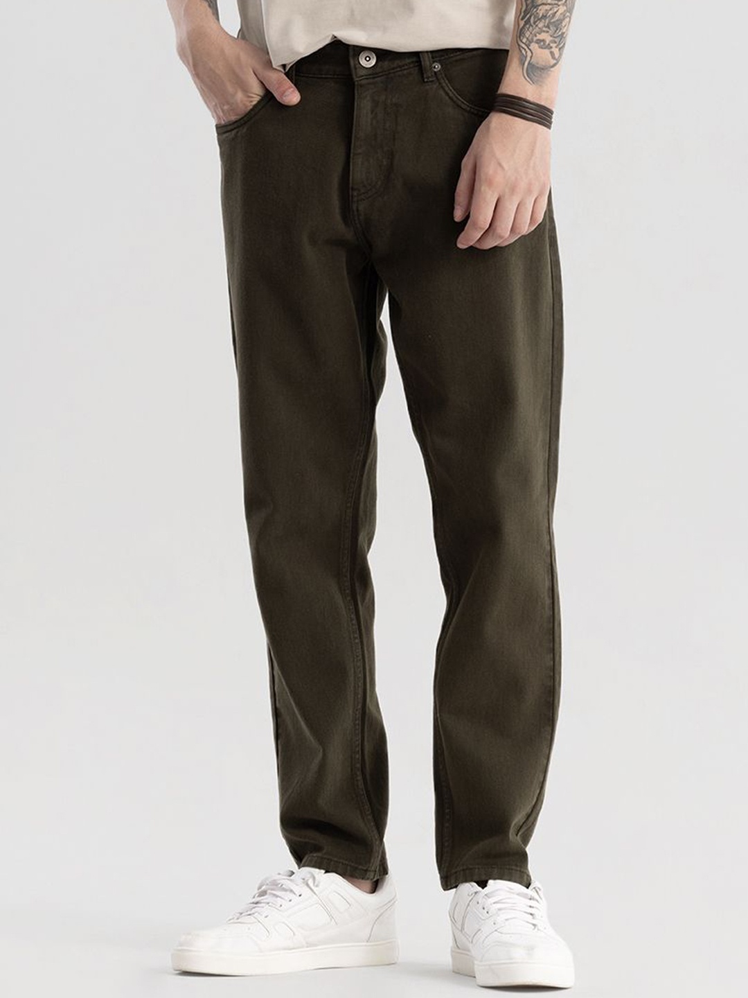 

Snitch Men Olive Green Jean Relaxed Fit Low Distress Stretchable Cotton Jeans