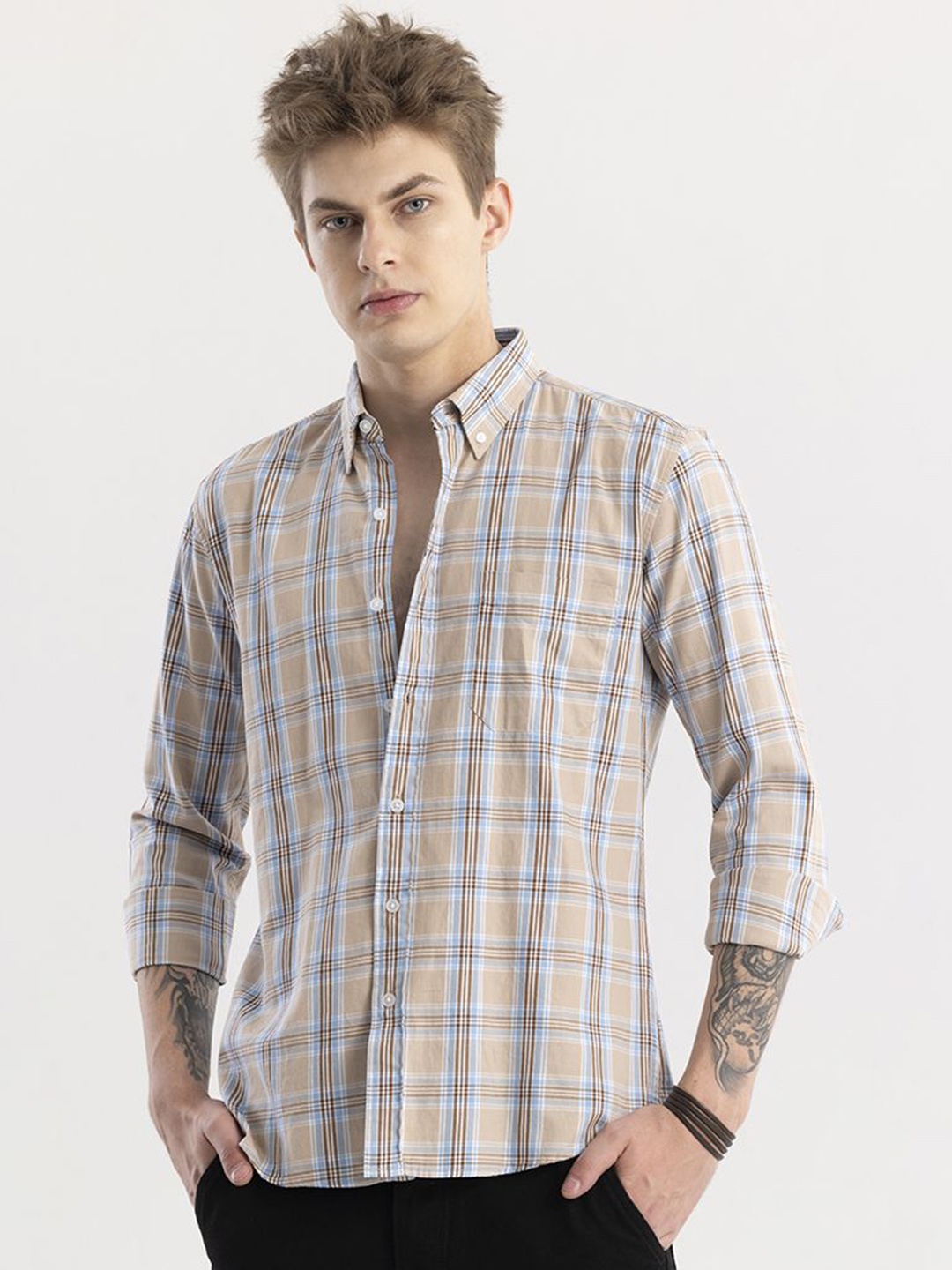 

Snitch Straight Slim Fit Tartan Checked Button-Down Collar Cotton Shirt, Beige