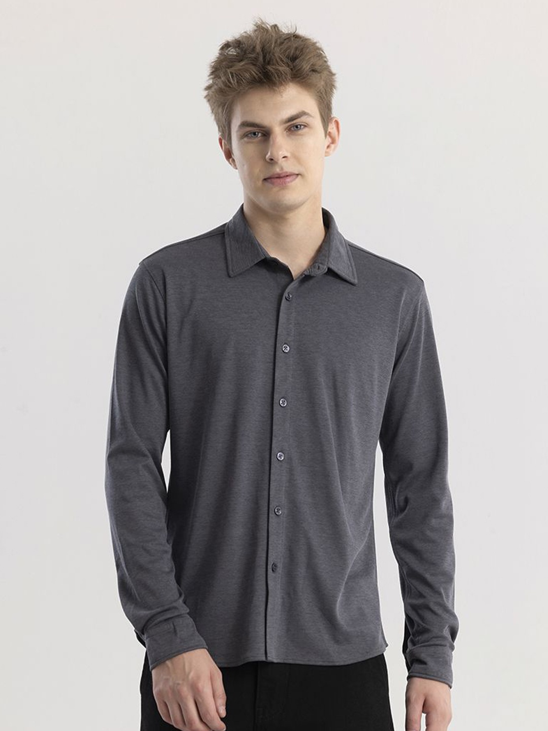 

Snitch Grey Straight Slim Fit Casual Shirt, Charcoal