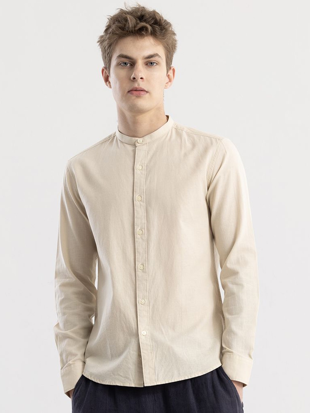 

Snitch Straight Slim Fit Mandarin Collar Shirt, Cream