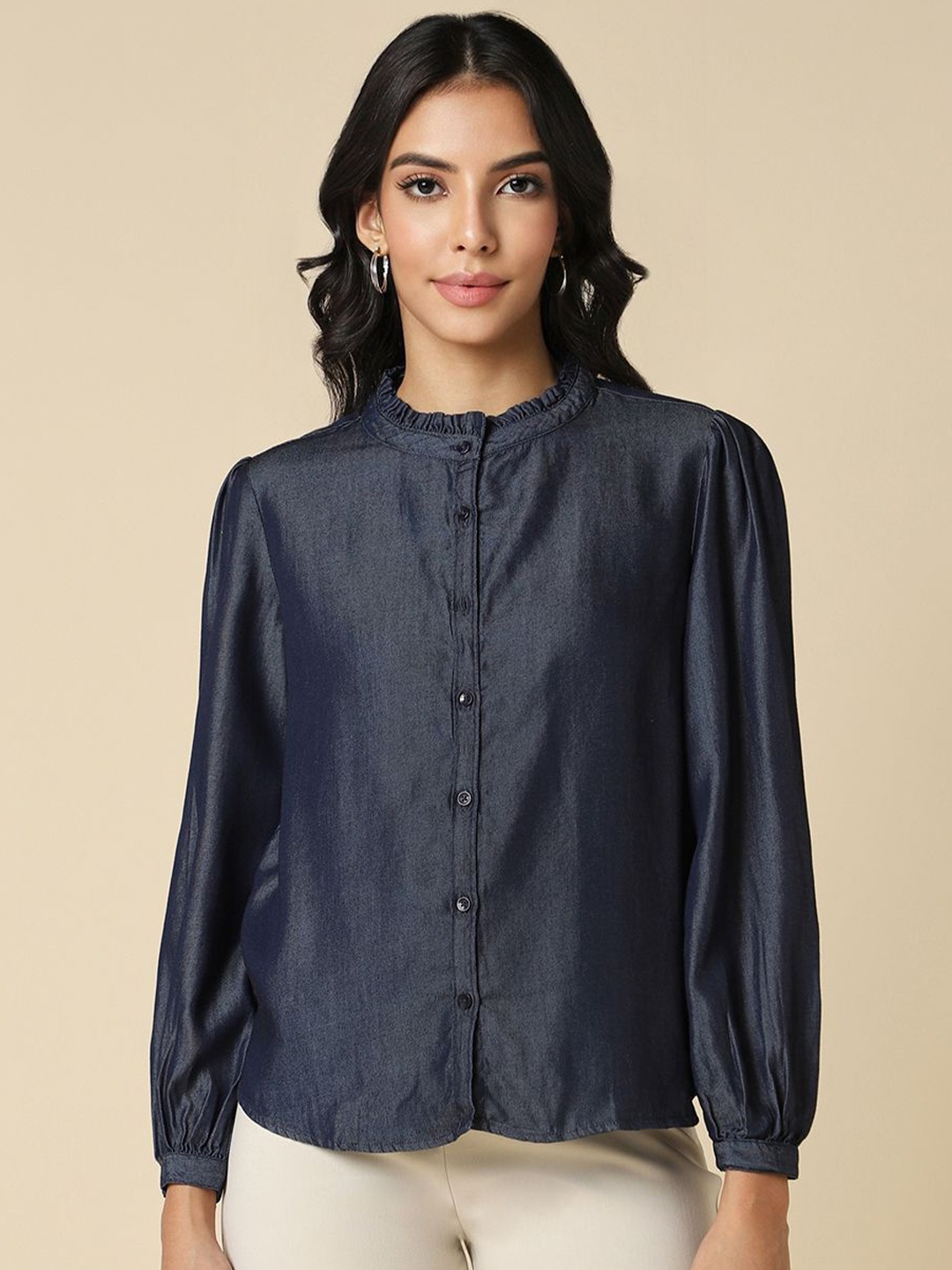 

Allen Solly Woman Mandarin Collar Formal Shirt, Navy blue