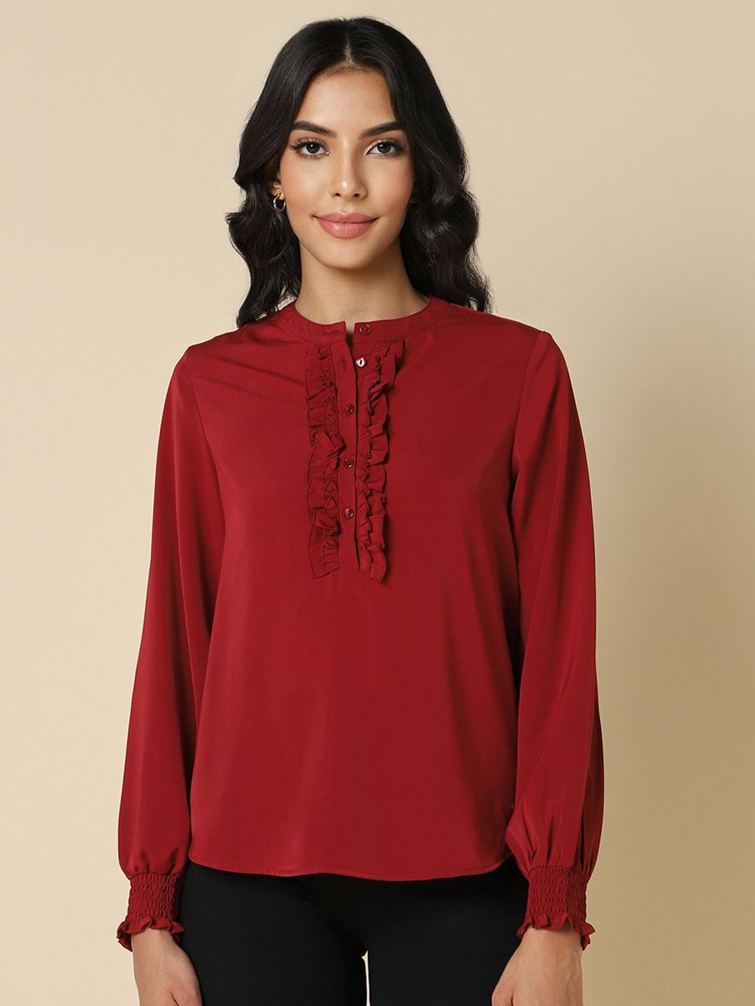 

Allen Solly Woman Mandarin Collar Ruffled Formal Shirt, Red