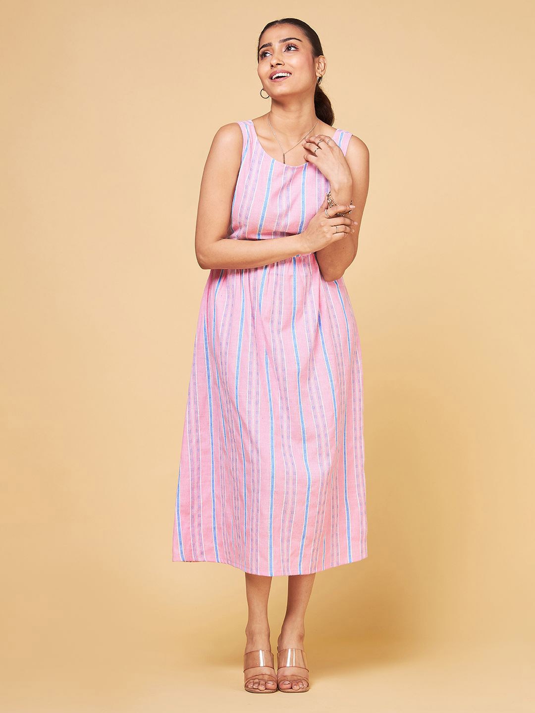 

Saaki Striped Round Neck Cotton Midi A-Line Dress, Pink