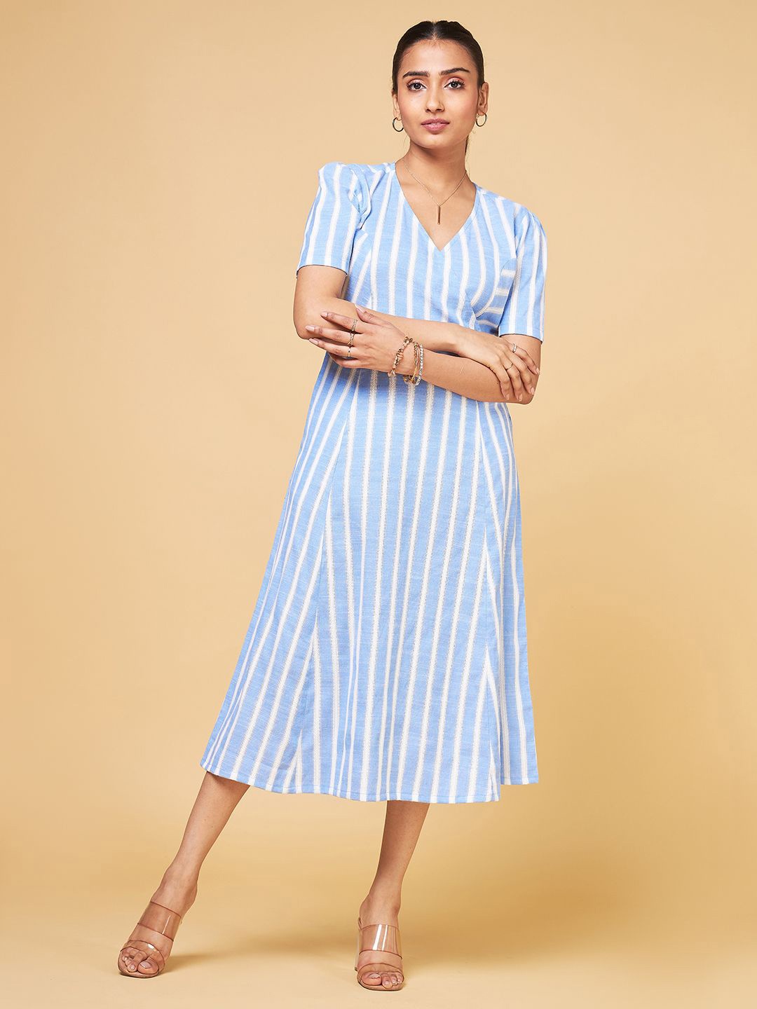 

Saaki Striped V-Neck Cotton Midi A-Line Dress, Blue