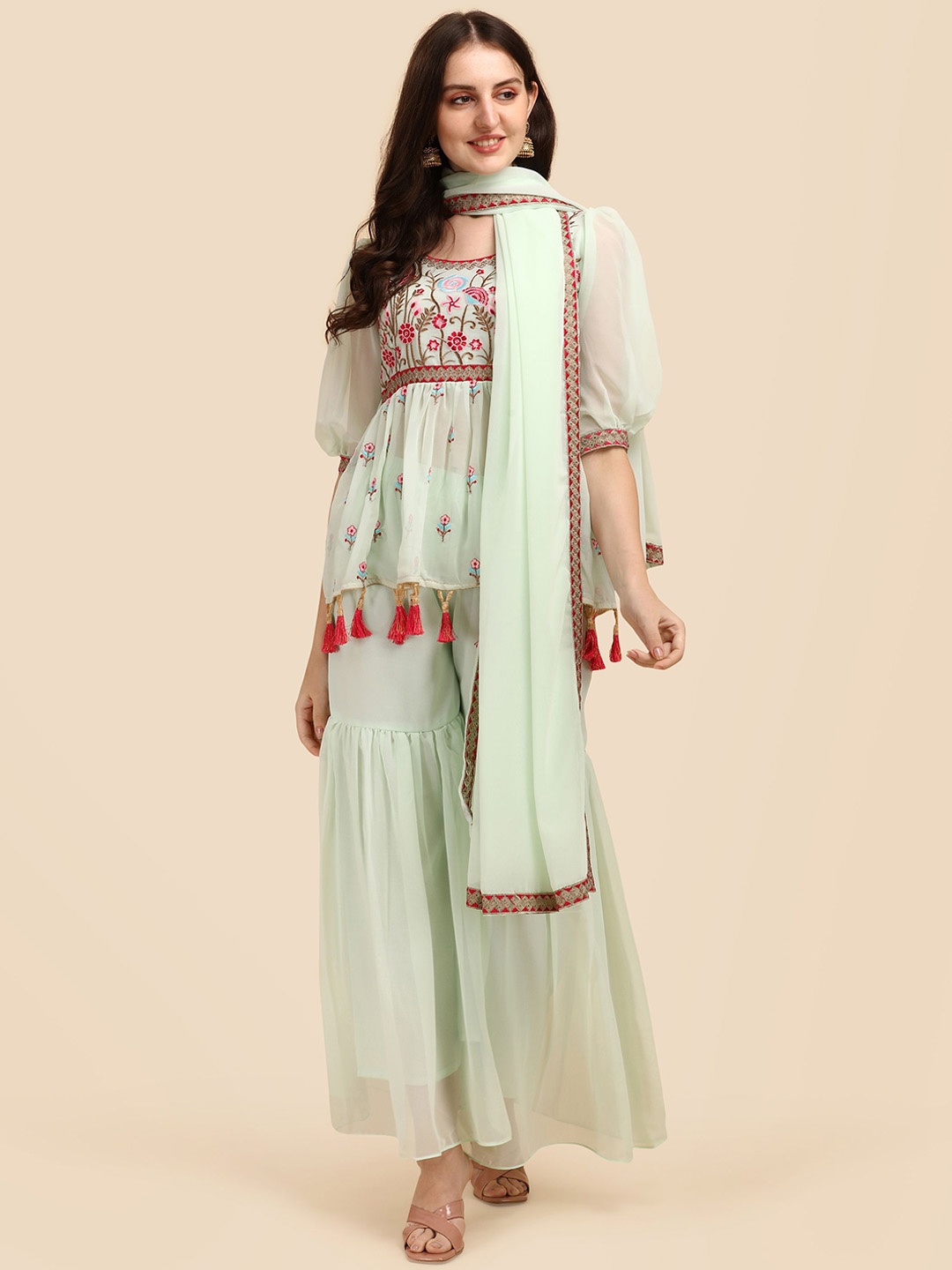 

KALINI Floral Embroidered Round Neck Thread Work A-Line Kurta with Sharara & Dupatta, Sea green