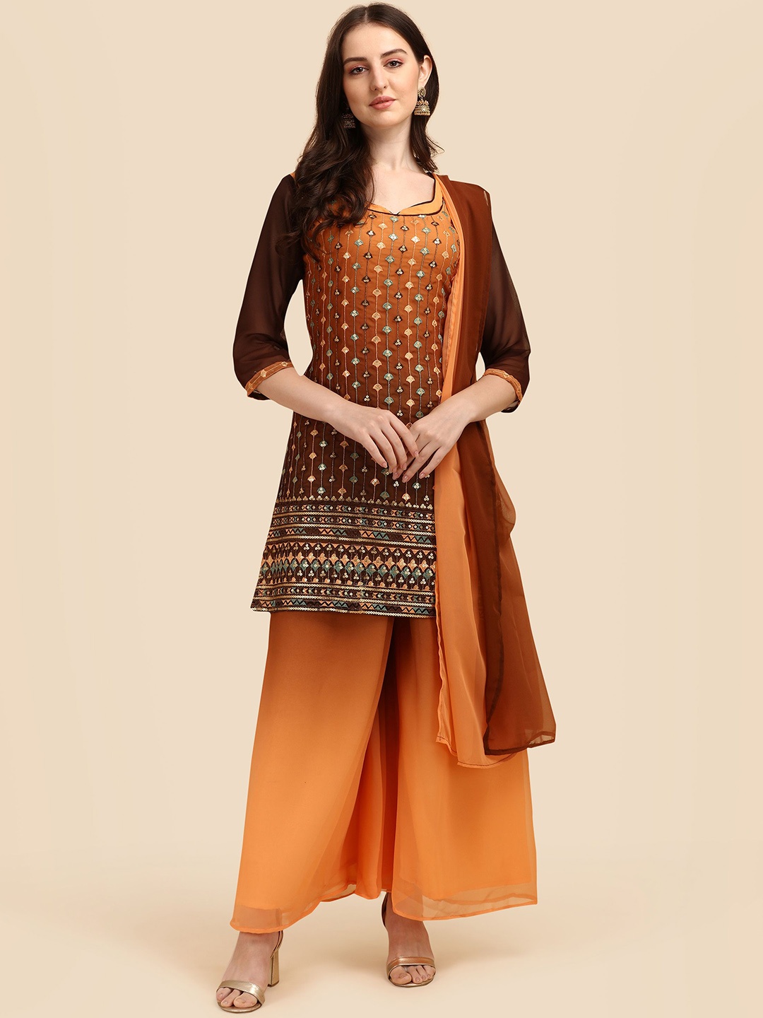 

KALINI Floral Embroidered Round Neck Sequinned Straight Kurta with Palazzos & Dupatta, Brown