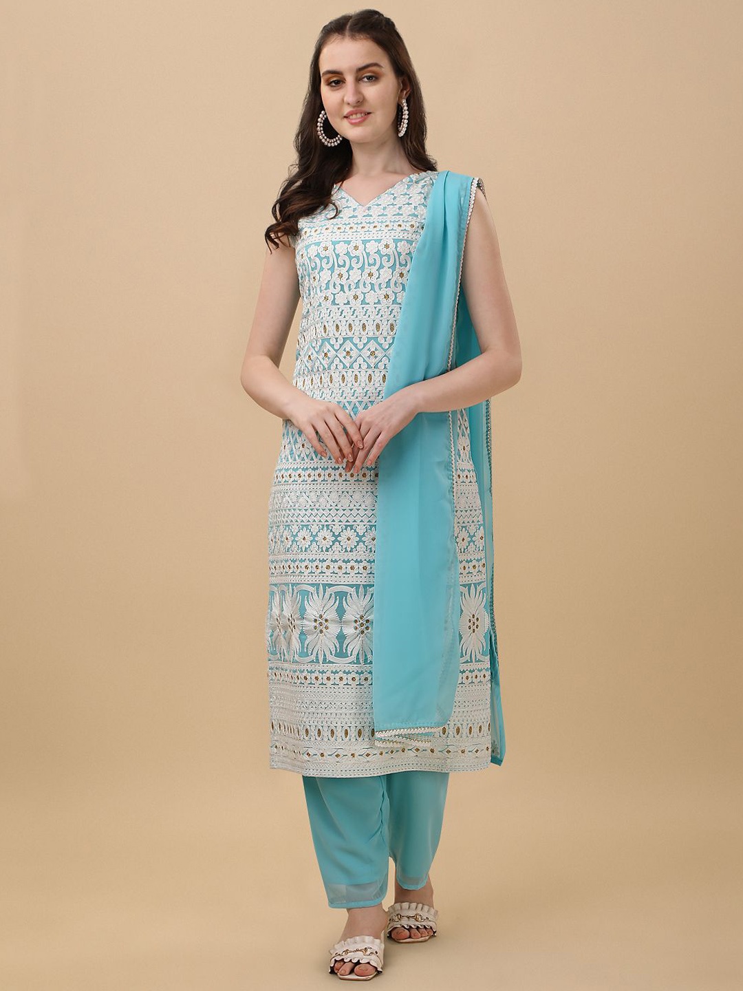 

KALINI Floral Embroidered V-Neck Thread Work Straight Kurta with Trousers & Dupatta, Turquoise blue