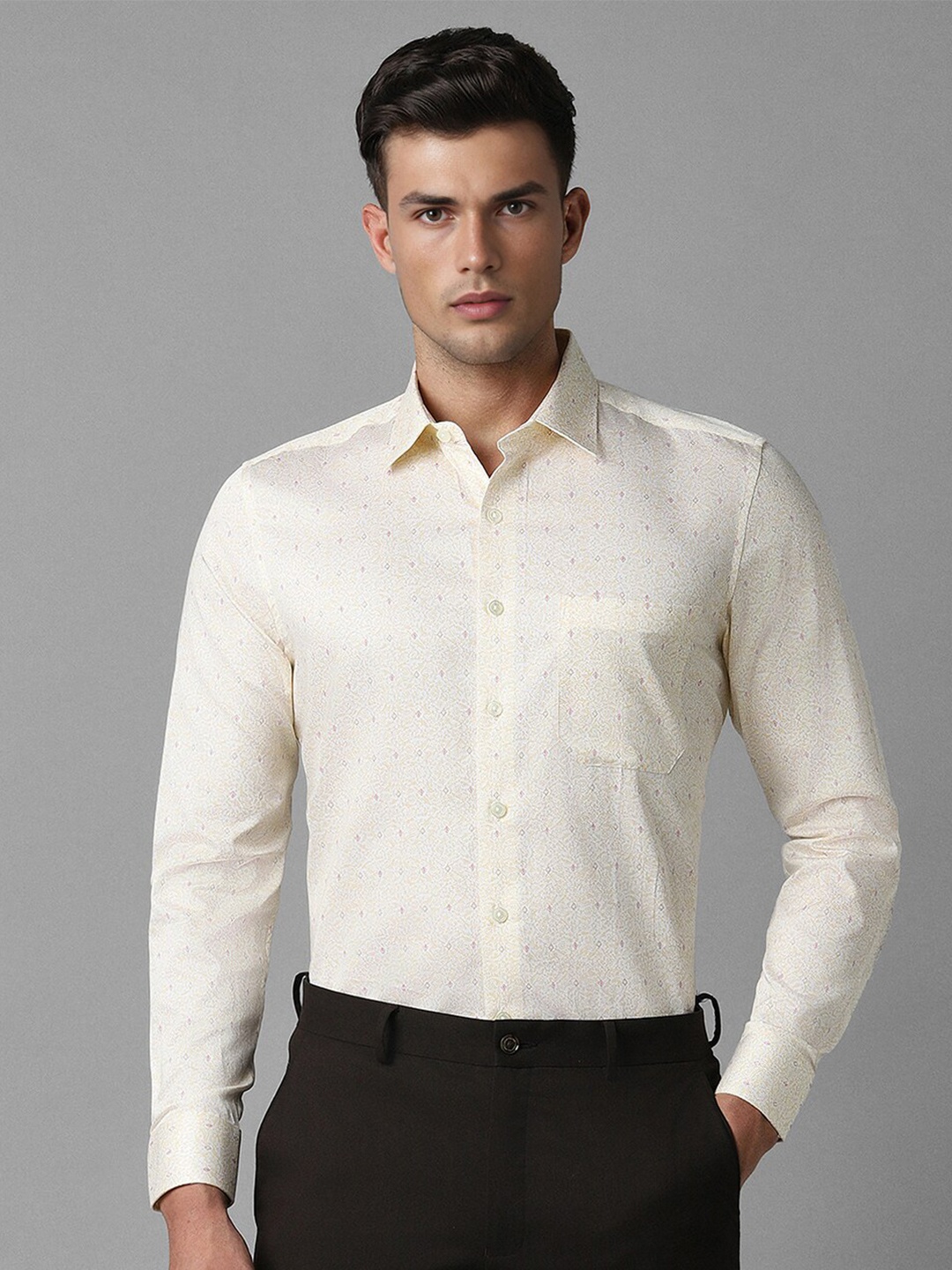 Louis Philippe Spread Collar Slim Fit Printed Cotton Formal Shirt, Cream