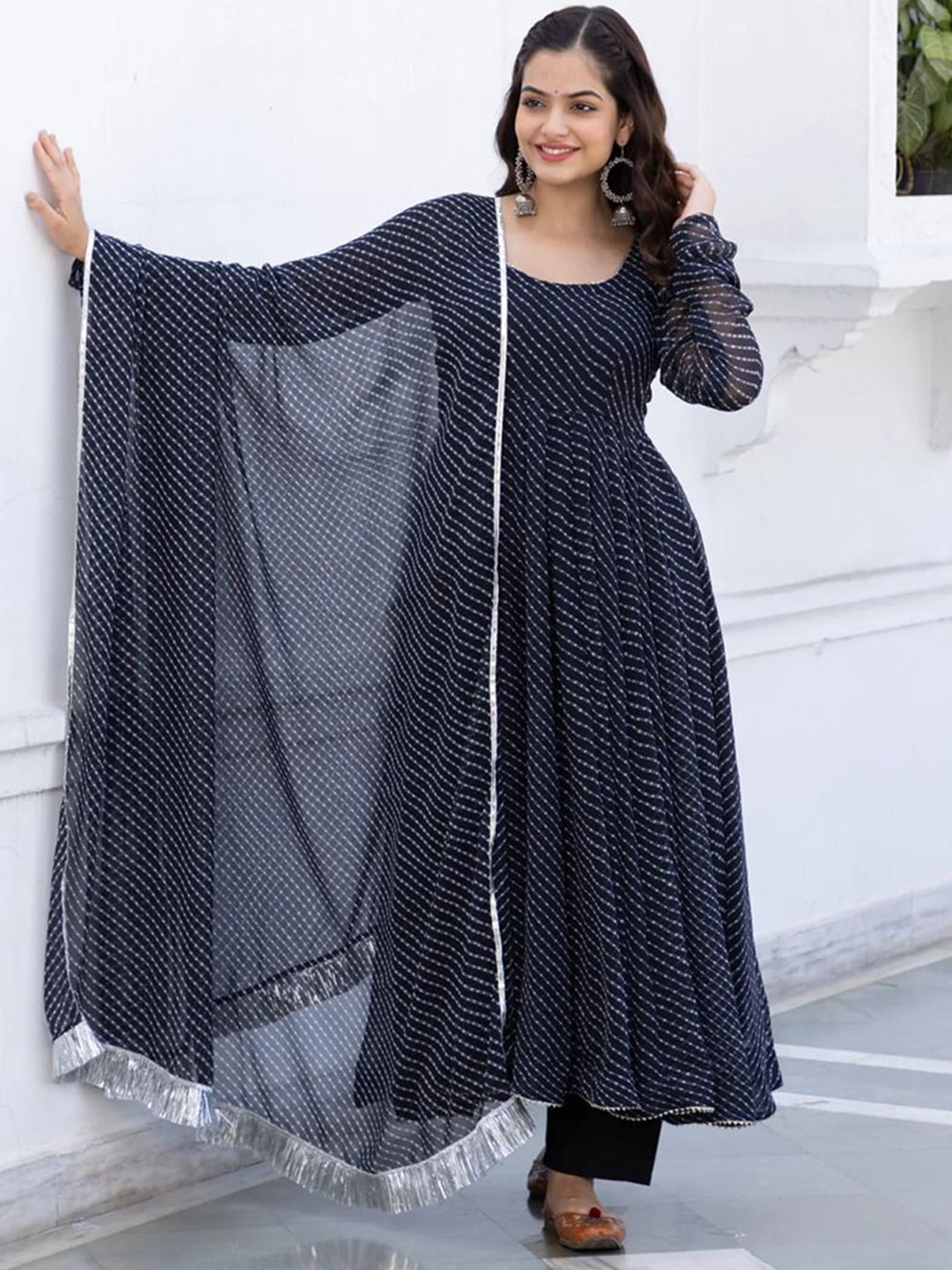 

KALINI Striped Round Neck Anarkali Kurta with Trousers & Dupatta, Black