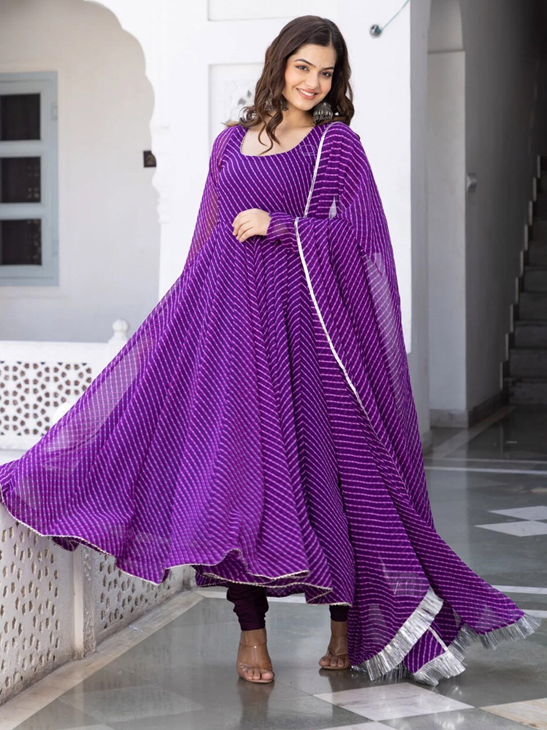 

KALINI Leheriya Printed Anarkali Gotta Patti Kurta With Churidar & Dupatta, Purple