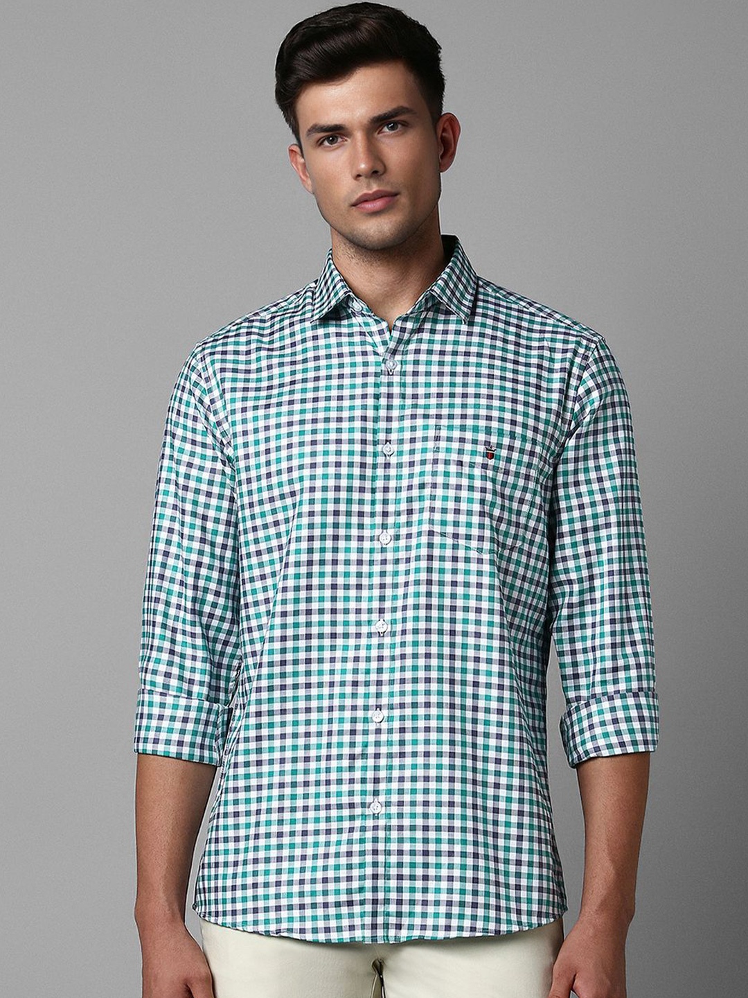

Louis Philippe Sport Slim Fit Spread Collar Gingham Checks Checked Cotton Casual Shirt, Teal