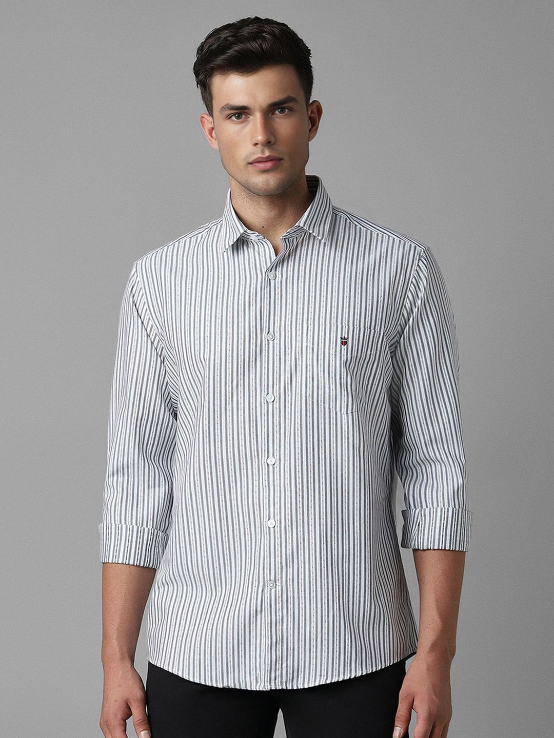 

Louis Philippe Sport Spread Collar Long Sleeves Slim Fit Cotton Striped Casual Shirt, White