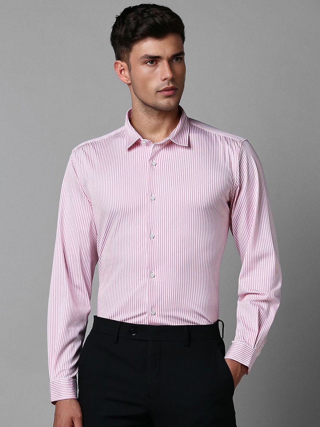 

Louis Philippe Sport Spread Collar Long Sleeves Slim Fit Striped Casual Shirt, Pink