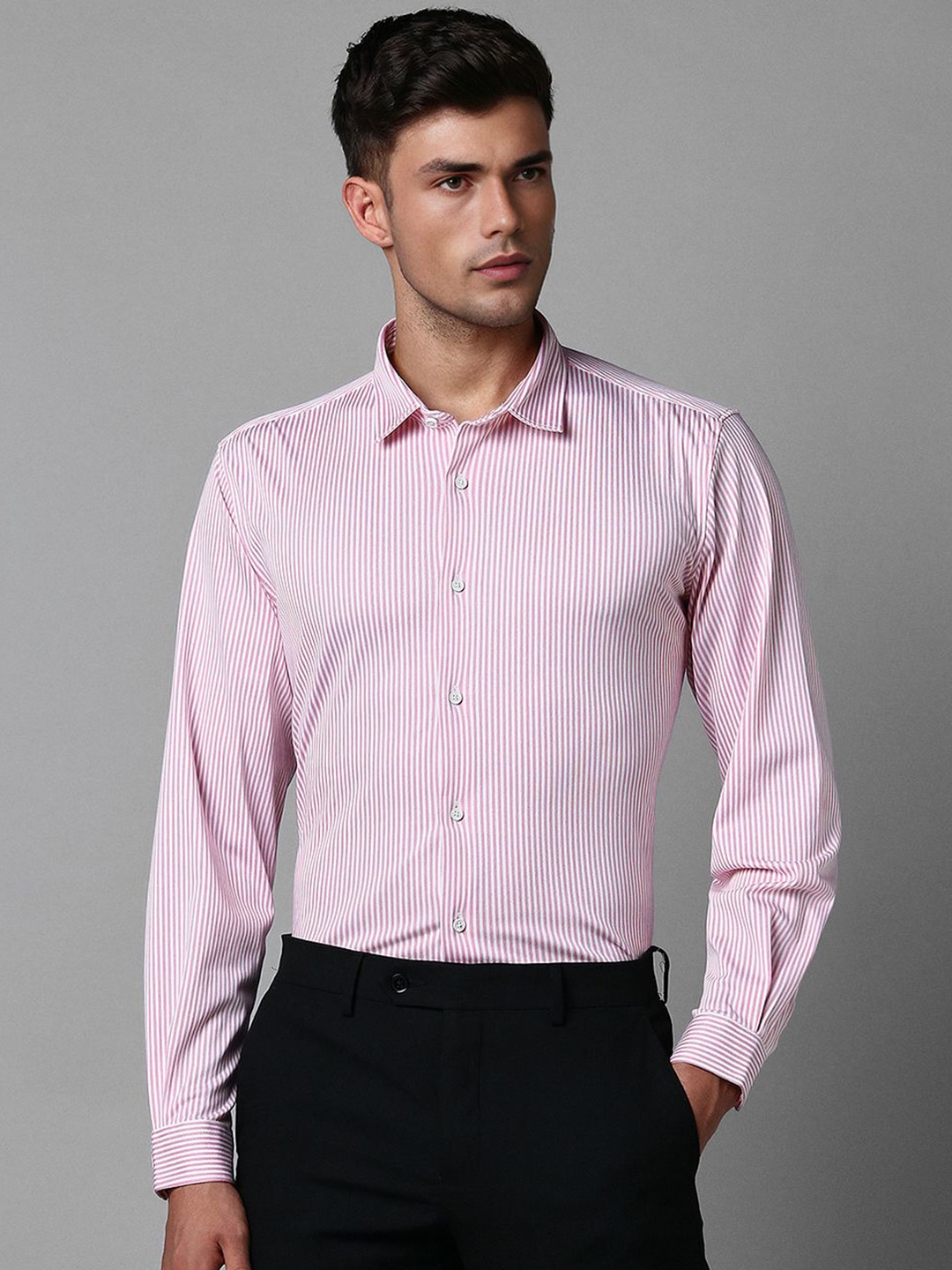 

Louis Philippe Sport Spread Collar Long Sleeves Slim Fit Opaque Striped Casual Shirt, Pink