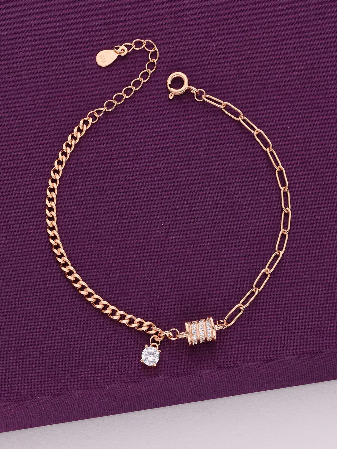 

KAI JEWEL Sterling Silver Rose Gold-Plated Cubic Zirconia Studded Charm Bracelet