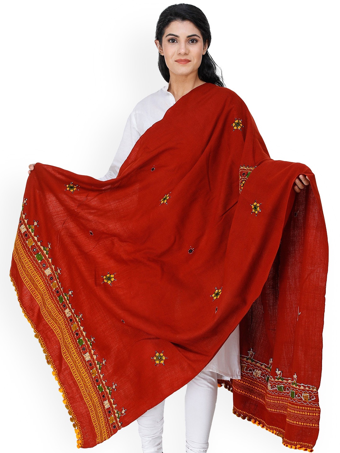 

Exotic India Bossanova Shawl with Central Embroidered Chakra and Mirrors, Red