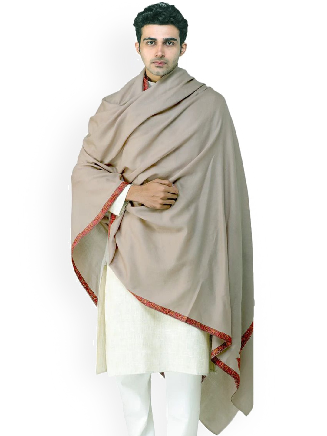 

Exotic India Cobblestone Men's Sozni Hand-Embroidered Border Kashmiri Tusha Shawl, Beige