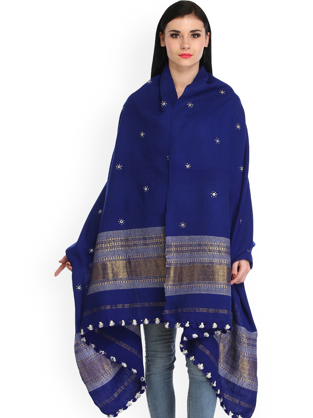 

Exotic India Women Floral Embroidered Shawl, Navy blue