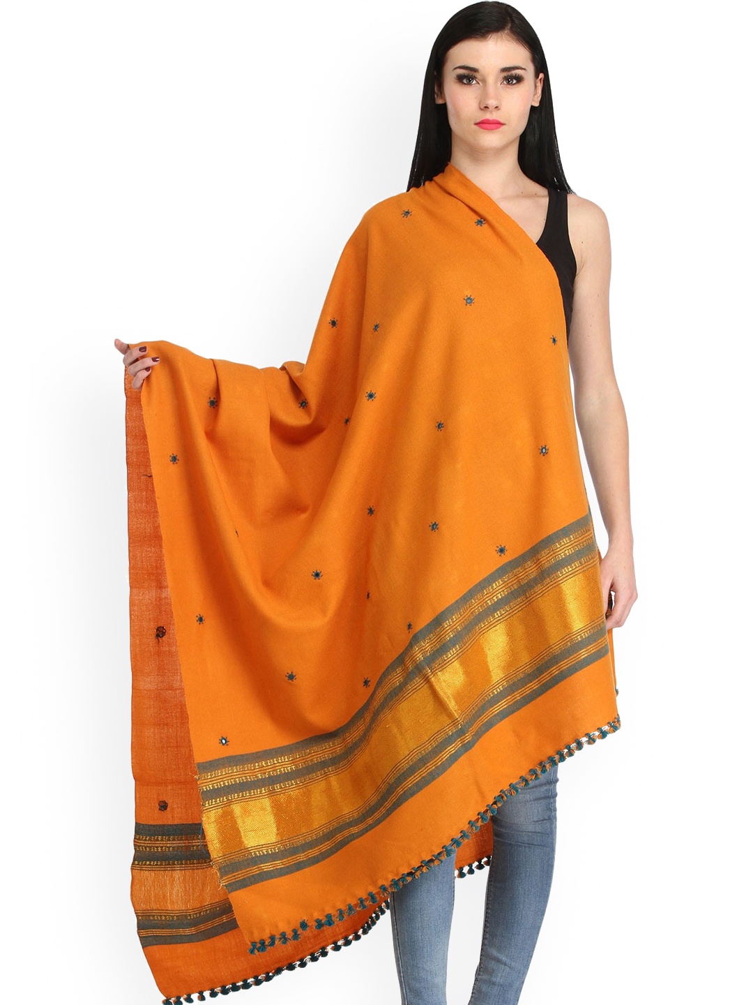 

Exotic India Women Geometric Embroidered Shawl, Orange