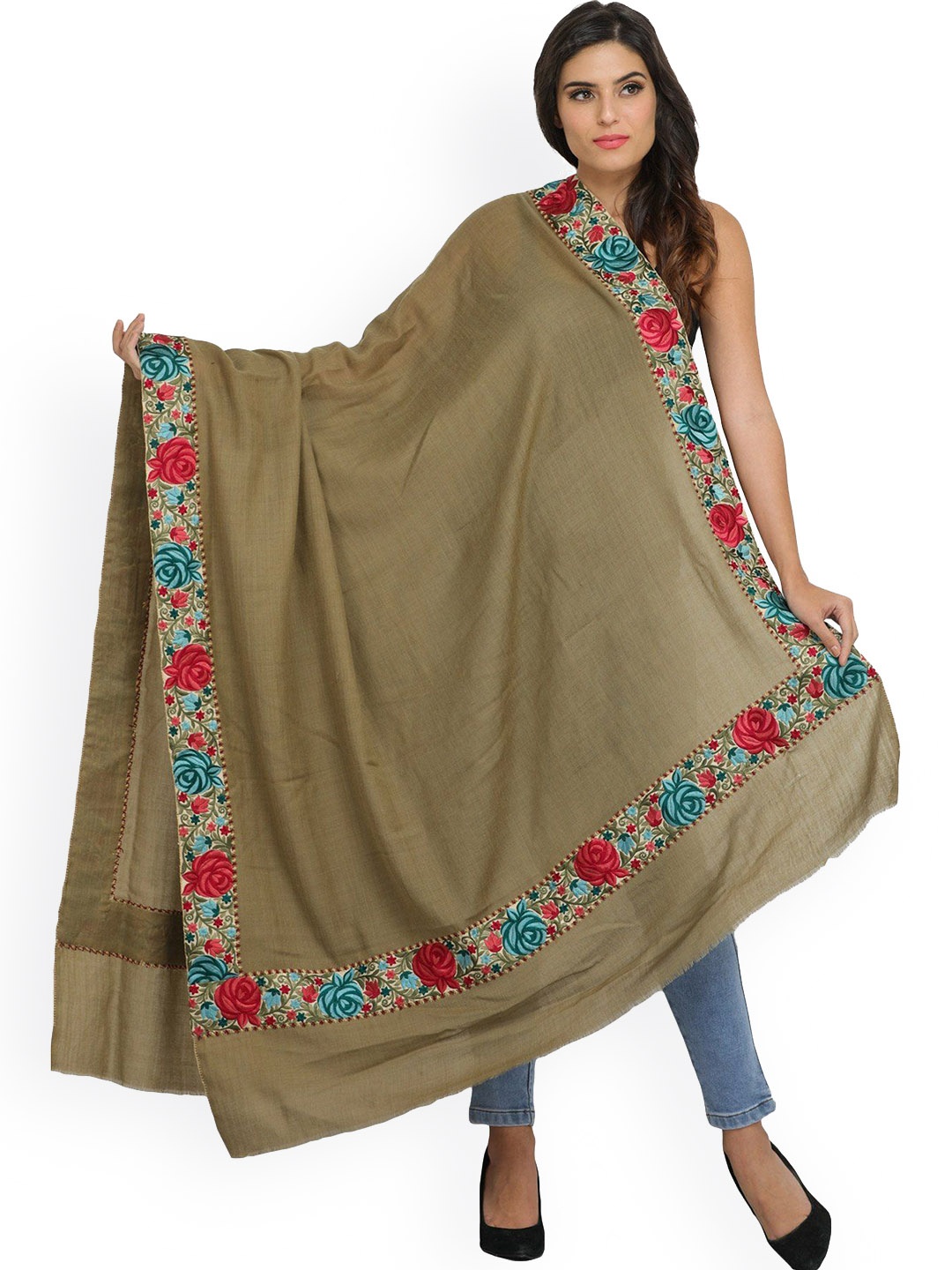 

Exotic India Elmwood Parsi Floral Embroidered Patch Border Pure Wool Shawl, Silver