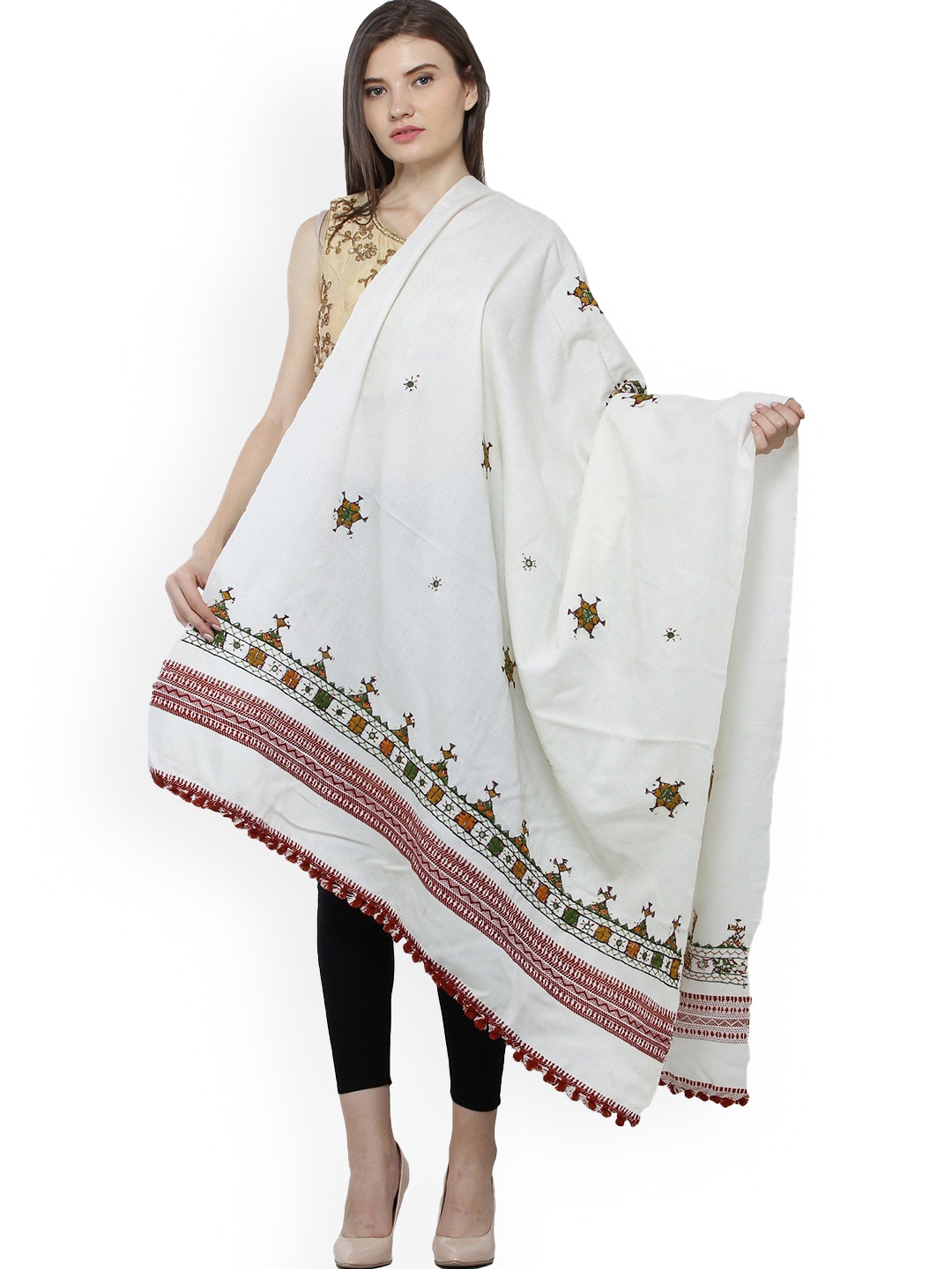

Exotic India Afterglow White Shawl with Central Embroidered Chakra and Mirrors