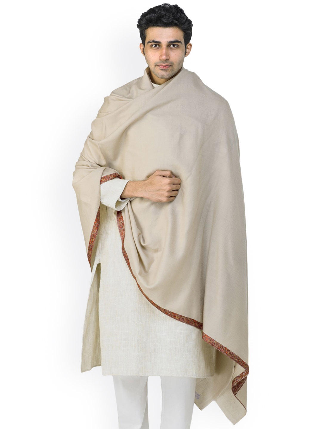 

Exotic India Plaza Taupe Men's Sozni Hand-Embroidery Border Kashmiri Tusha Shawl, Beige