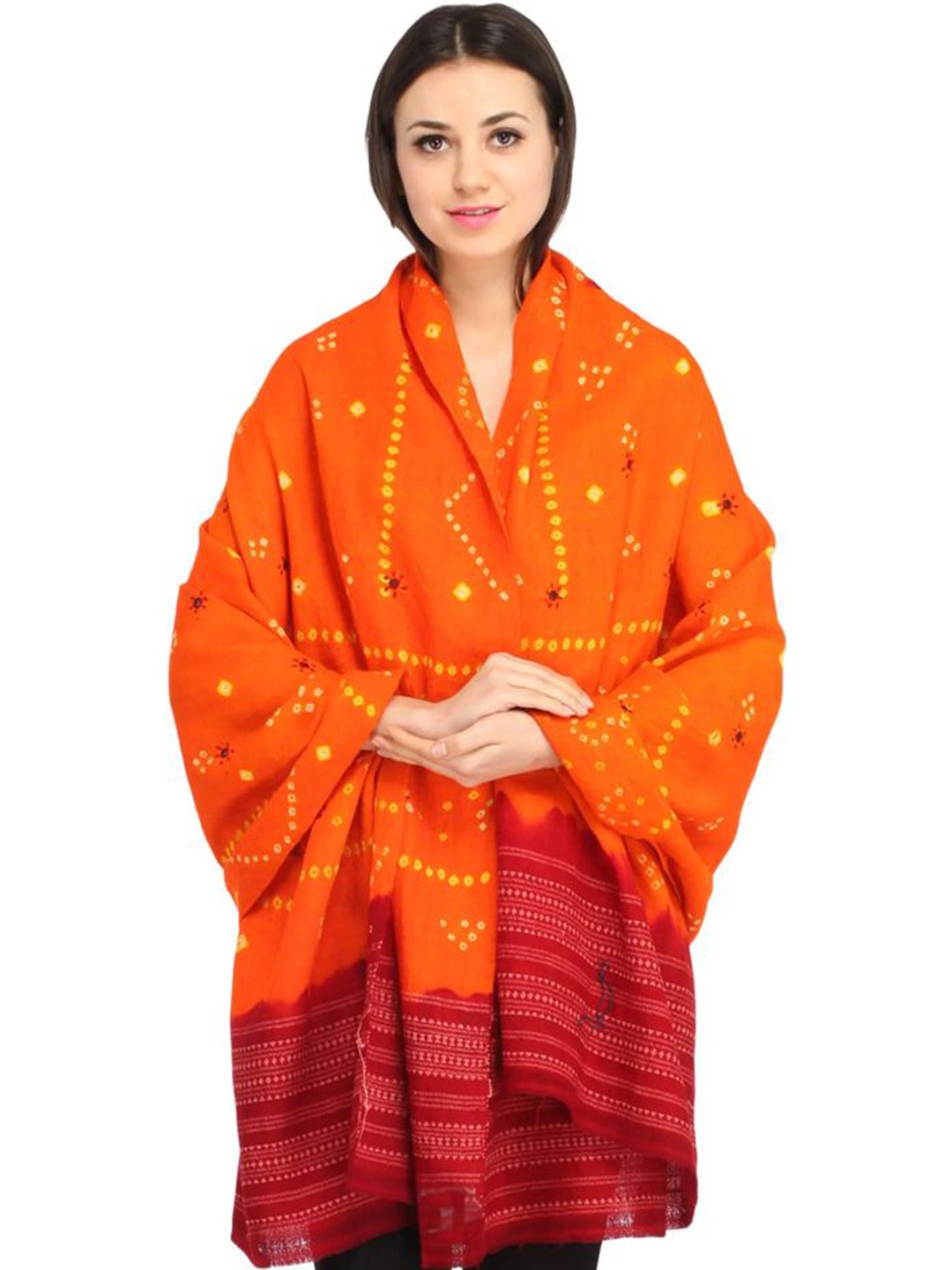 

Exotic India Orange And Rosewood Bandhani Tie-Dye Shawl with Embroidered Mirrors