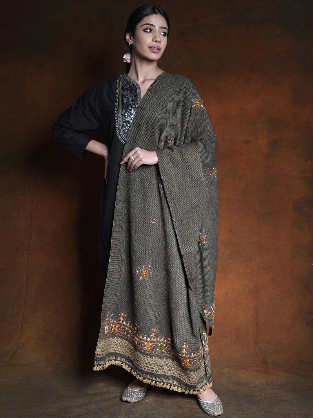 

Exotic India Geometric Embroidered Shawl, Black