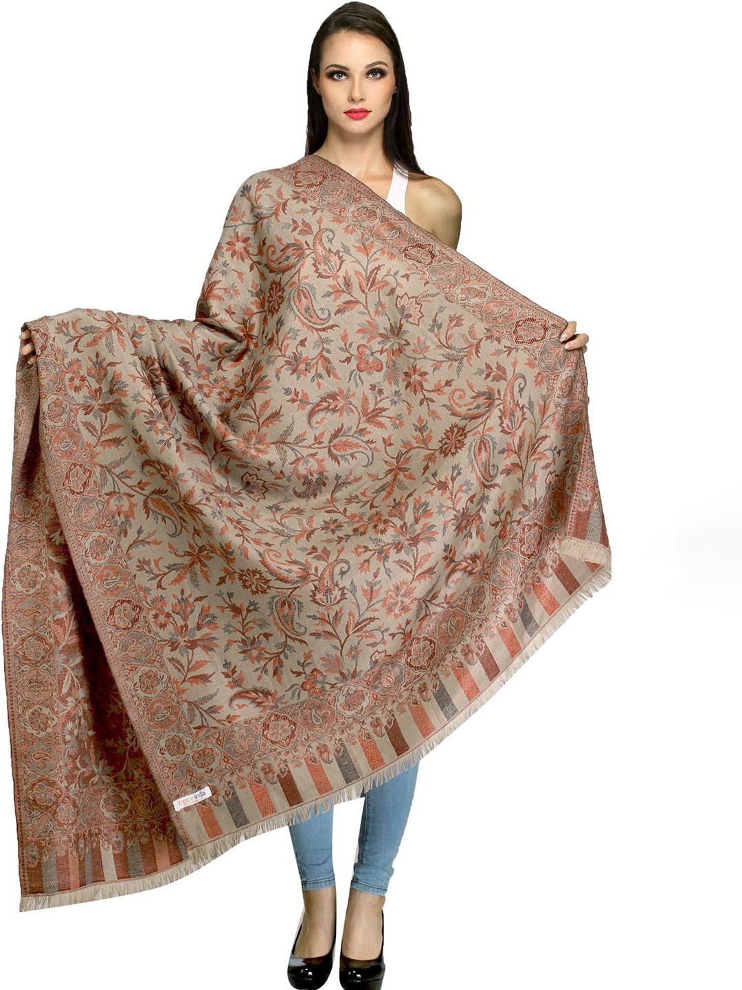 

Exotic India Warm Sand Reversible Woven Flowers Jamawar Wool Shawl, Brown