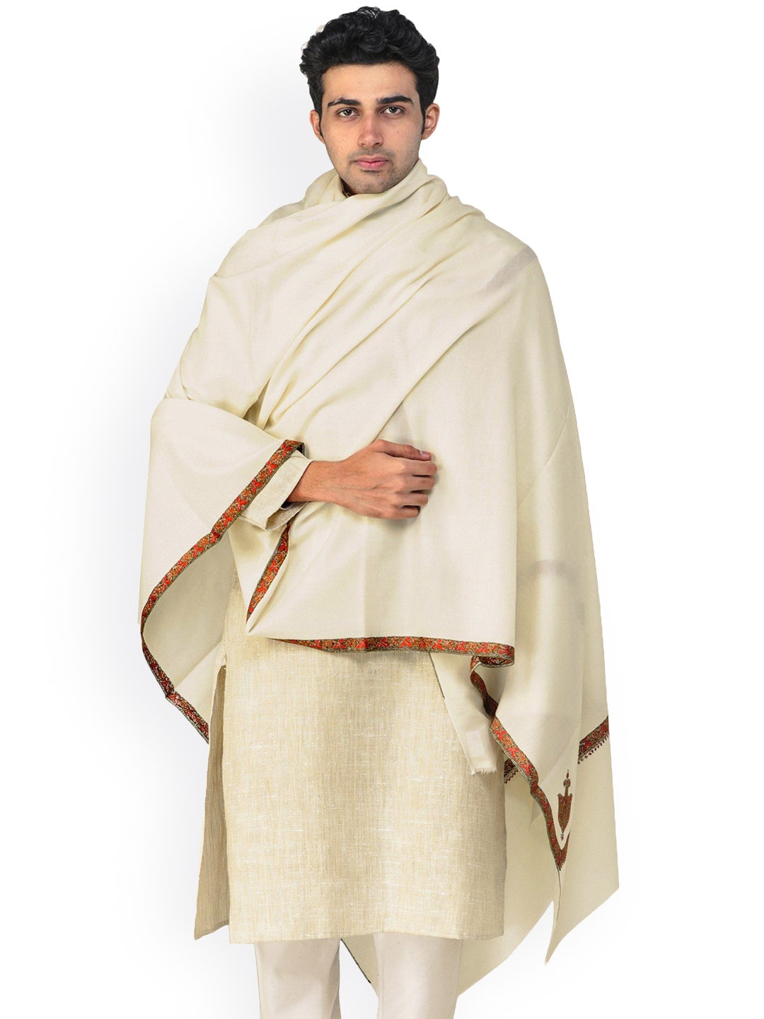 

Exotic India Winter White Men's Sozni Hand-Embroidery Border Tusha Kashmiri Shawl