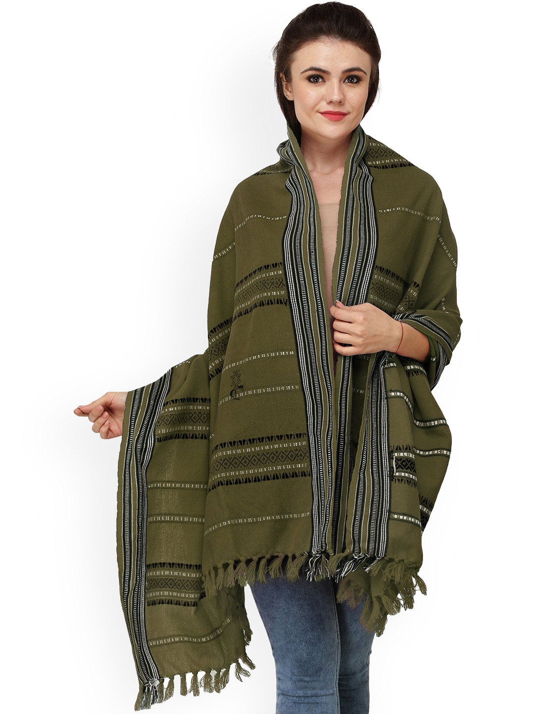 

Exotic India Nutria Woven Border and Thread Weave Wool Shawl, Khaki