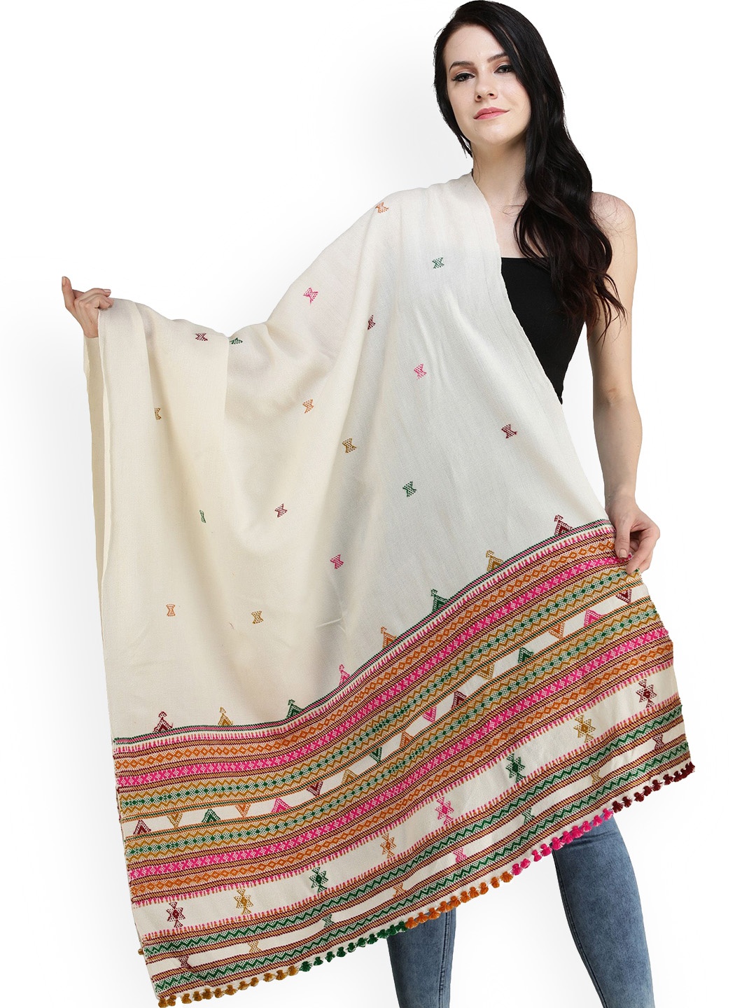 

Exotic India Banana Cream Pure Wool Multicolor Thread Weave Shawl