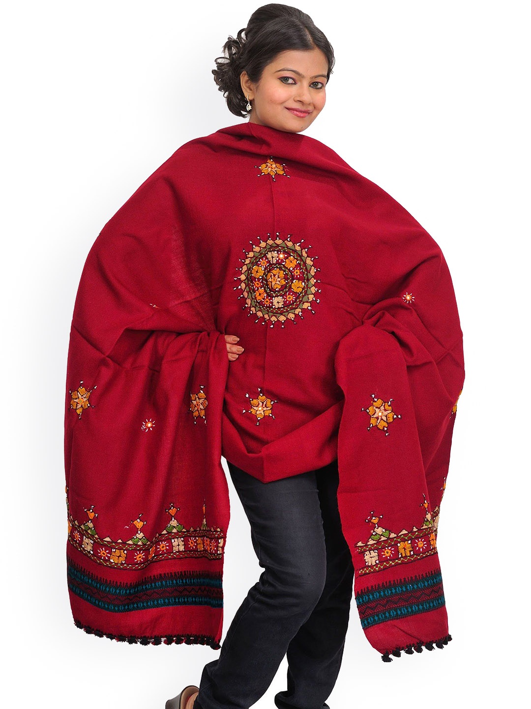 

Exotic India Rosewood Shawl with Central Embroidered Chakra and Mirrors, Red