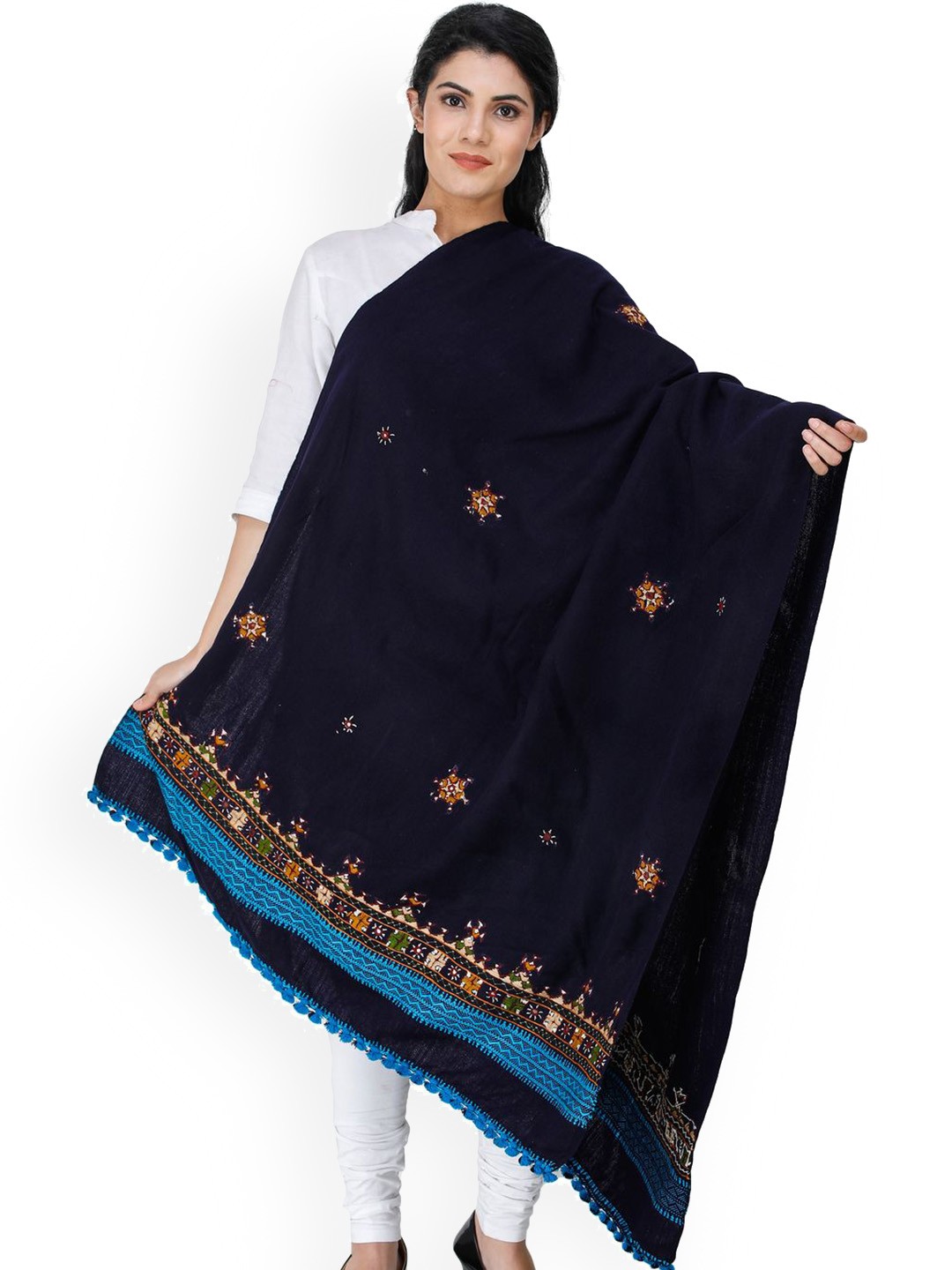 

Exotic India Navy Blue Shawl with Central Embroidered Chakra and Mirrors