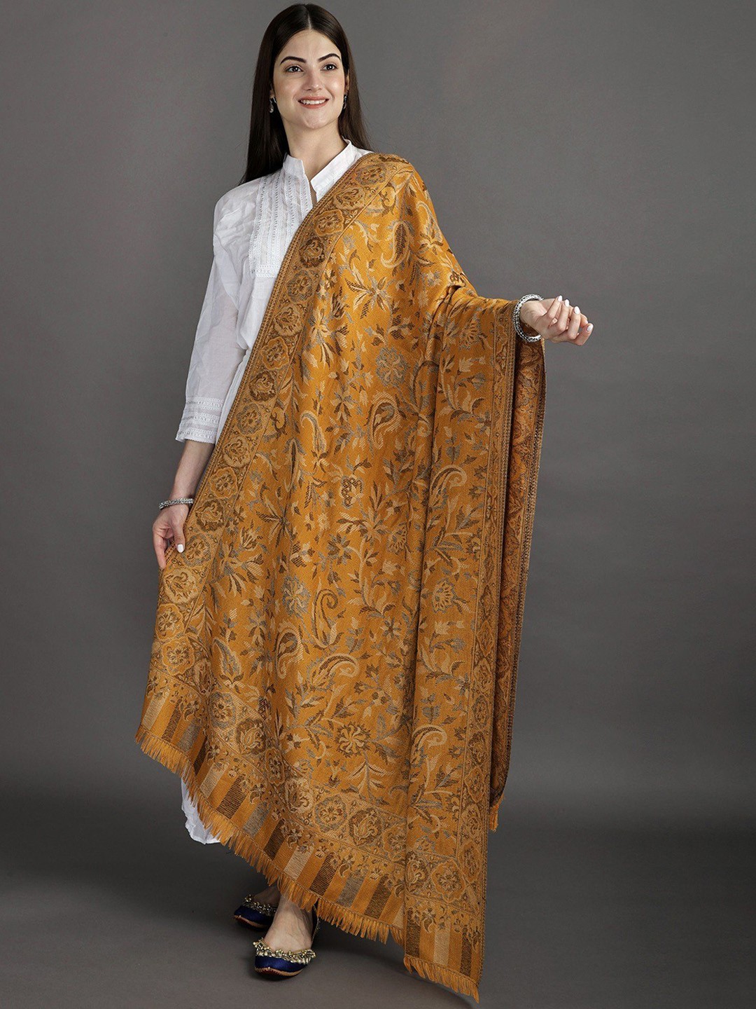 

Exotic India Butterscotch Reversible Woven Flowers Jamawar Wool Shawl, Gold