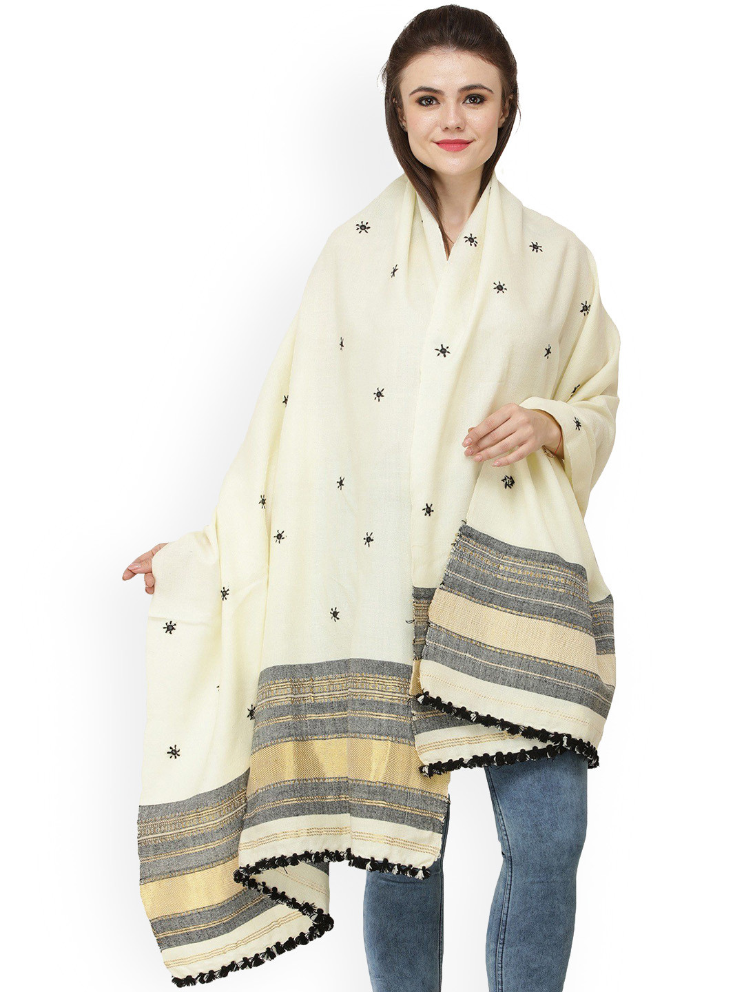 

Exotic India Women Floral Embroidered Shawl, Off white