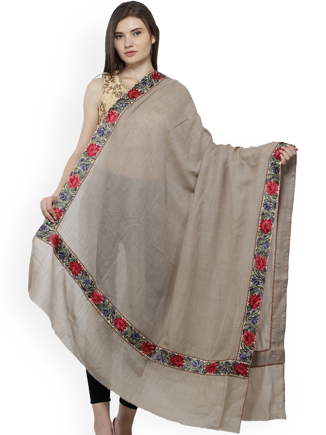 

Exotic India Latte Parsi Floral Embroidered Patch Border Pure Wool Plain Shawl, Silver