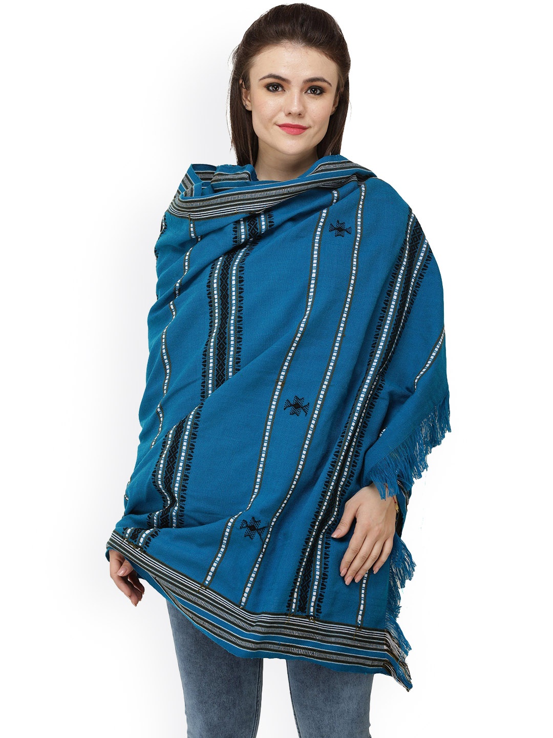 

Exotic India Swedish Blue Woven Border and Thread Weave Wool Shawl