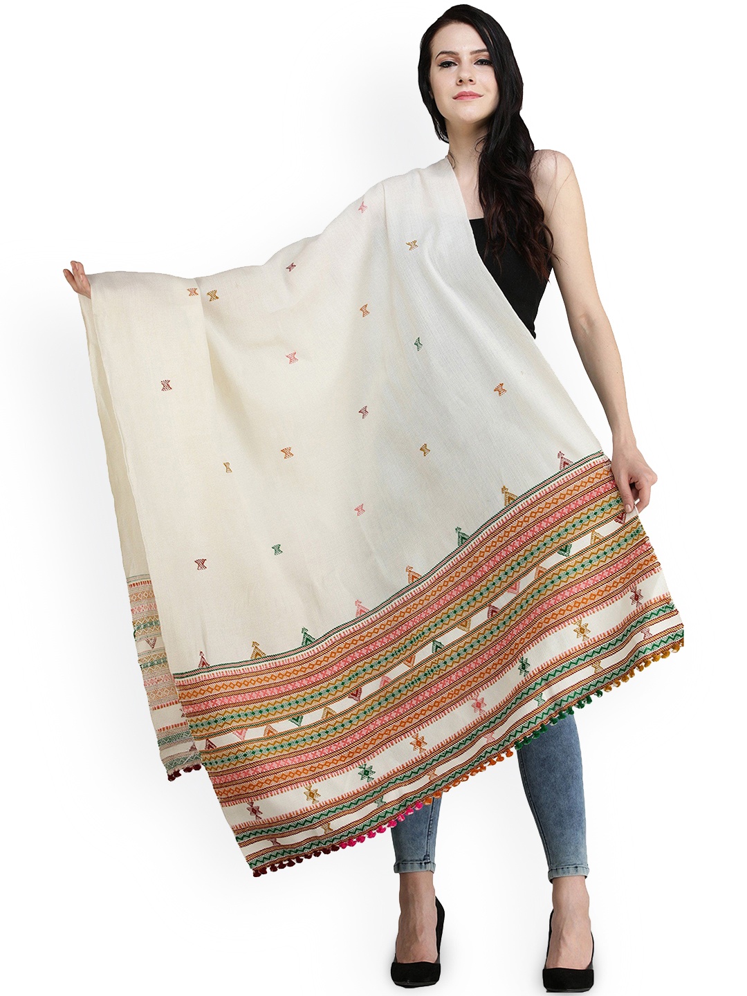 

Exotic India Jelly Bean Pure Wool Multicolor Thread Weave Shawl, Off white