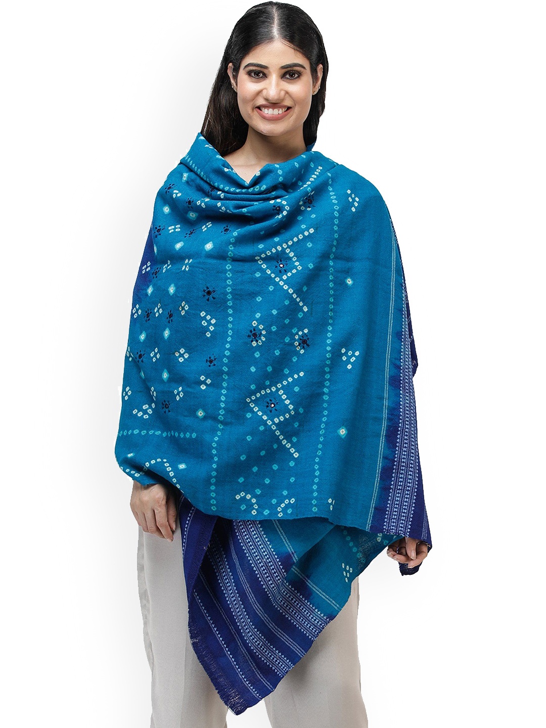 

Exotic India Caribbean Blue Bandhani Tie-Dye Shawl with Embroidered Mirrors, Green