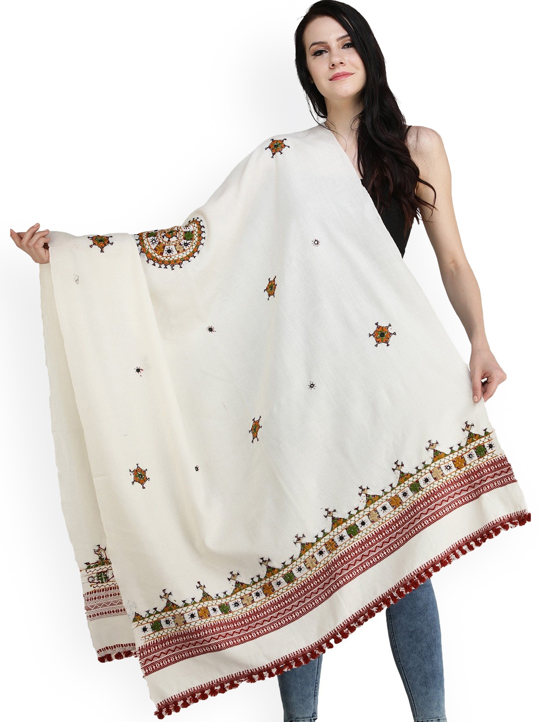 

Exotic India Women Ethnic Motifs Embroidered Shawl, White
