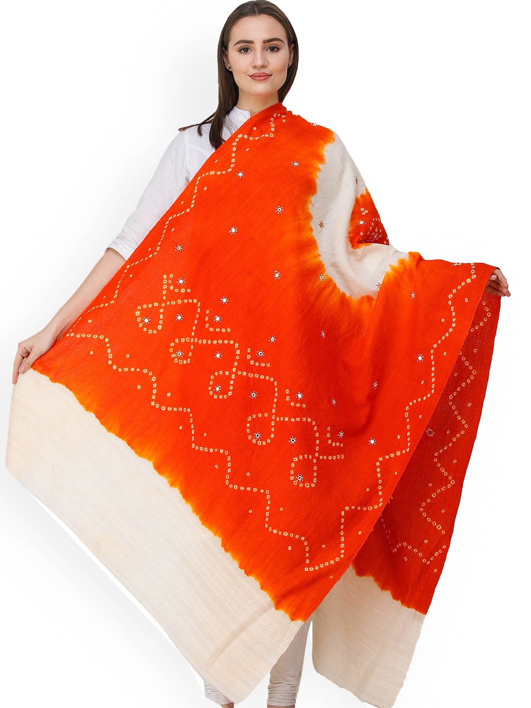 

Exotic India Grenadine Bandhani Tie-Dye Pure Wool Shawl with Embroidered Mirrors, Red
