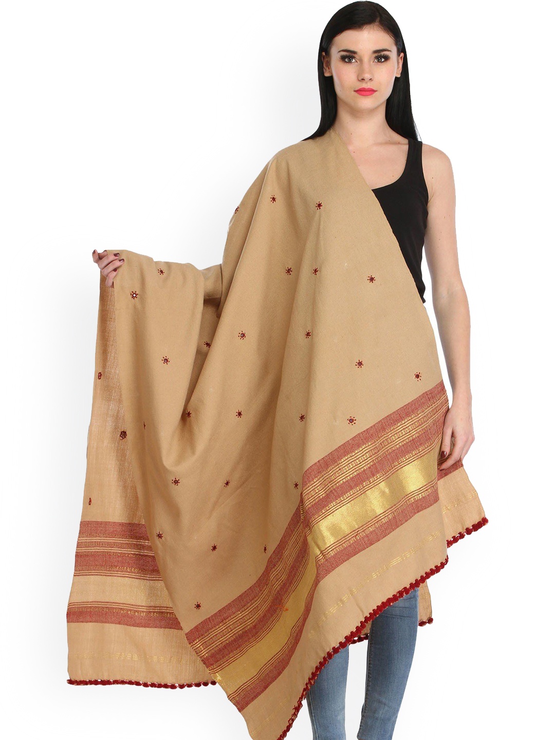 

Exotic India Beige Embroidered Bootis Wool Shawl and Golden Woven Border