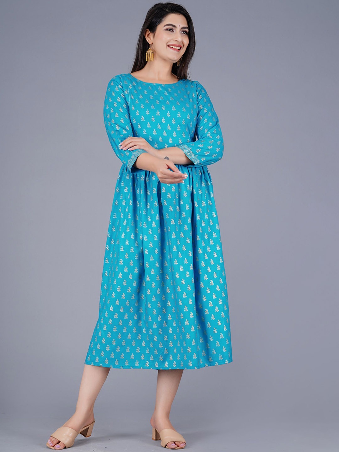 ao services Floral Printed Pleated A-Line Maternity Kurta, Turquoise blue
