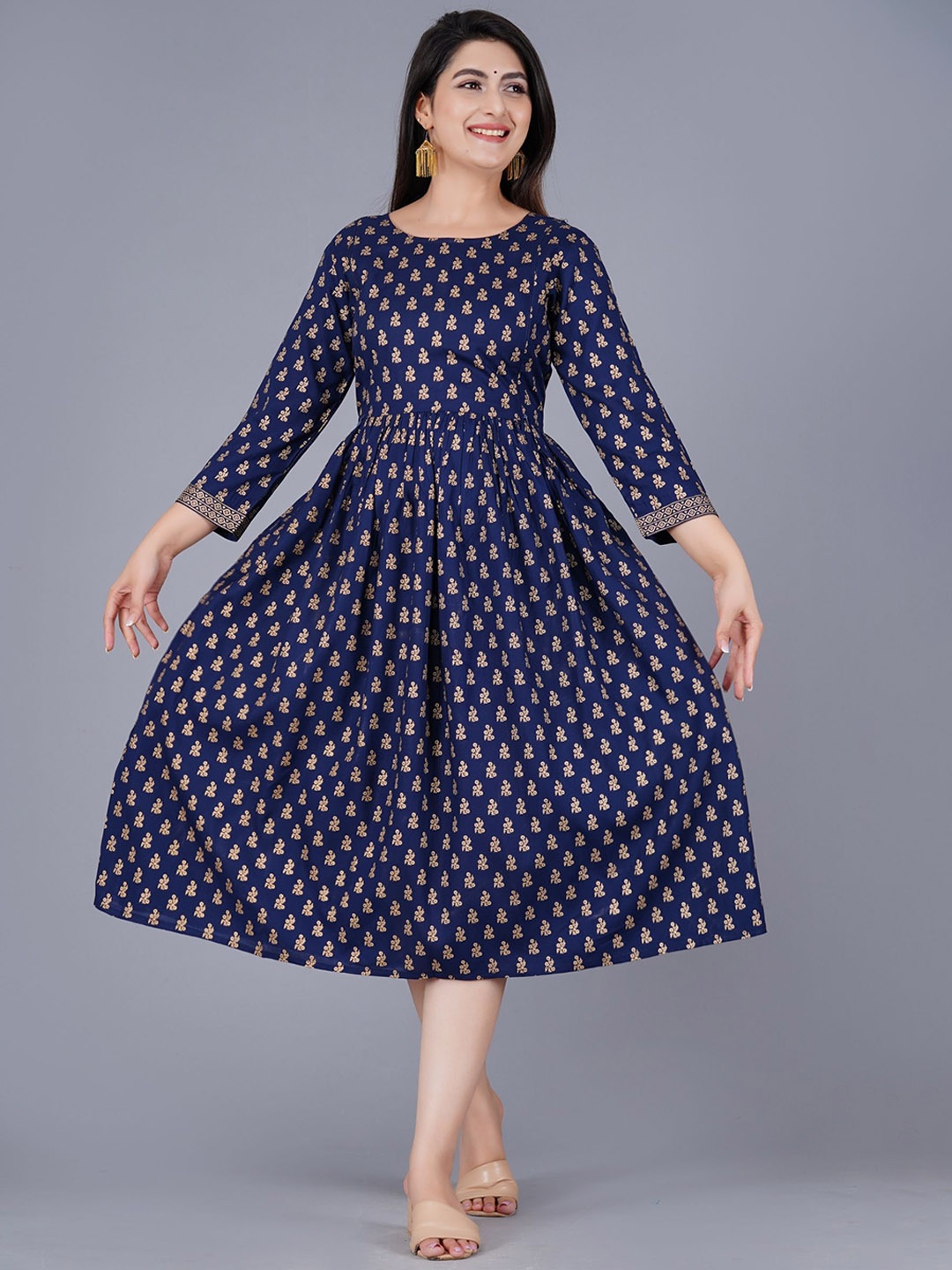 

ao services Floral Printed Pleated A-Line Maternity Kurta, Navy blue