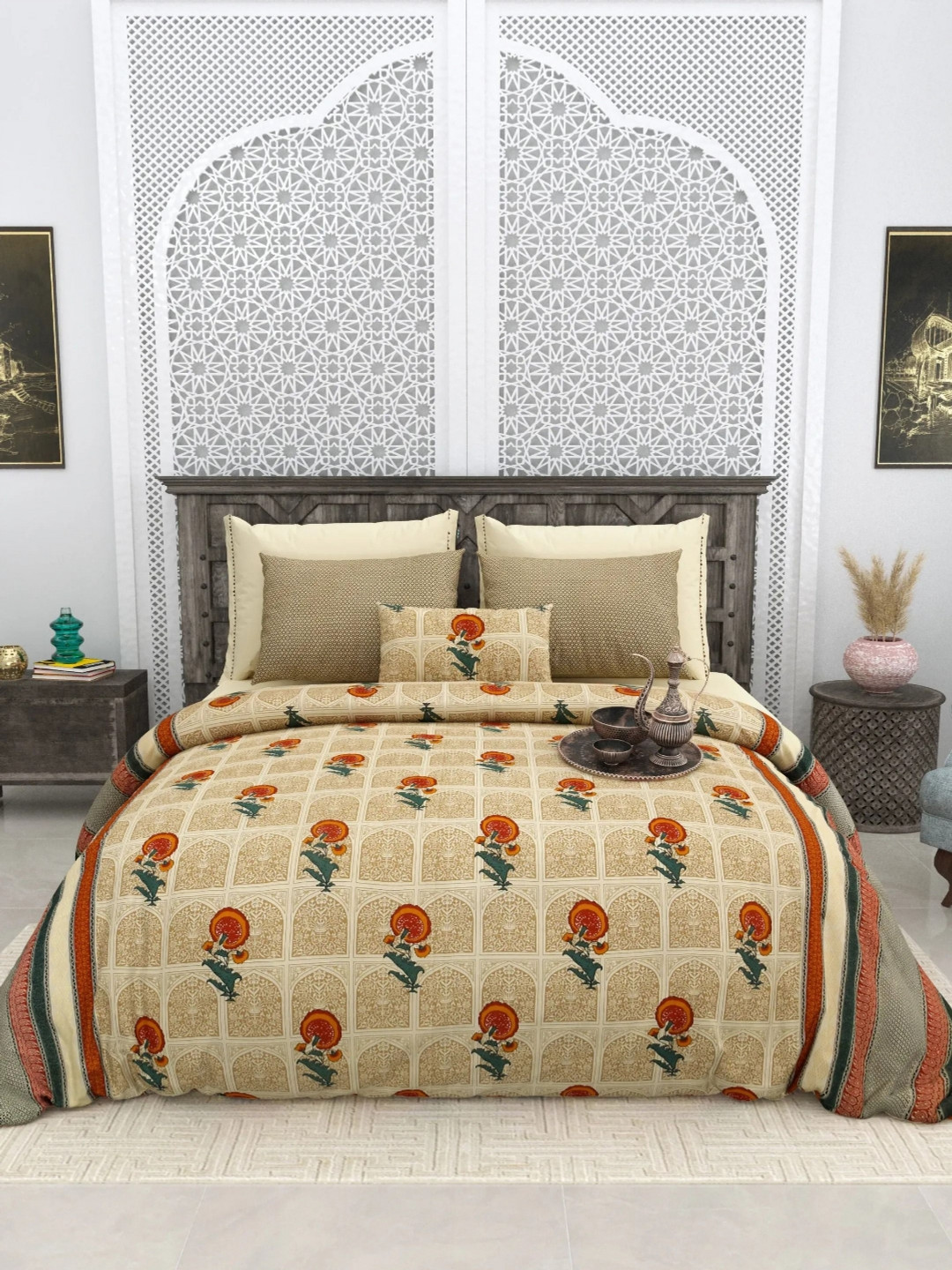 

LIVING ROOTS Super King Size Jaipur Block Print Cotton Double Bedsheet & 2 Pillow Covers, Beige